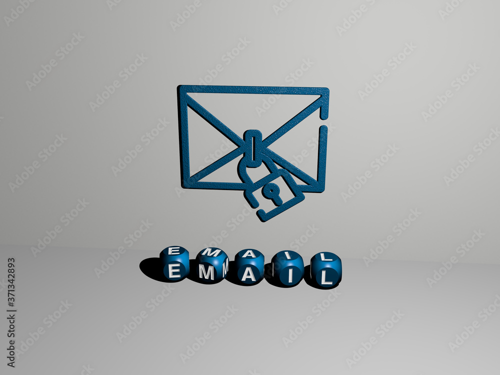 Poster 3d representation of email with icon on the wall and text arranged by metallic cubic letters on a mi