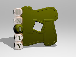 3D illustration of unity graphics and text around the icon made by metallic dice letters for the related meanings of the concept and presentations for business and people