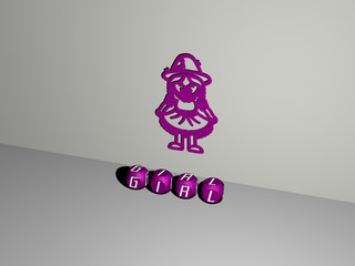 GIRL 3D icon on the wall and text of cubic alphabets on the floor - 3D illustration for beautiful and background