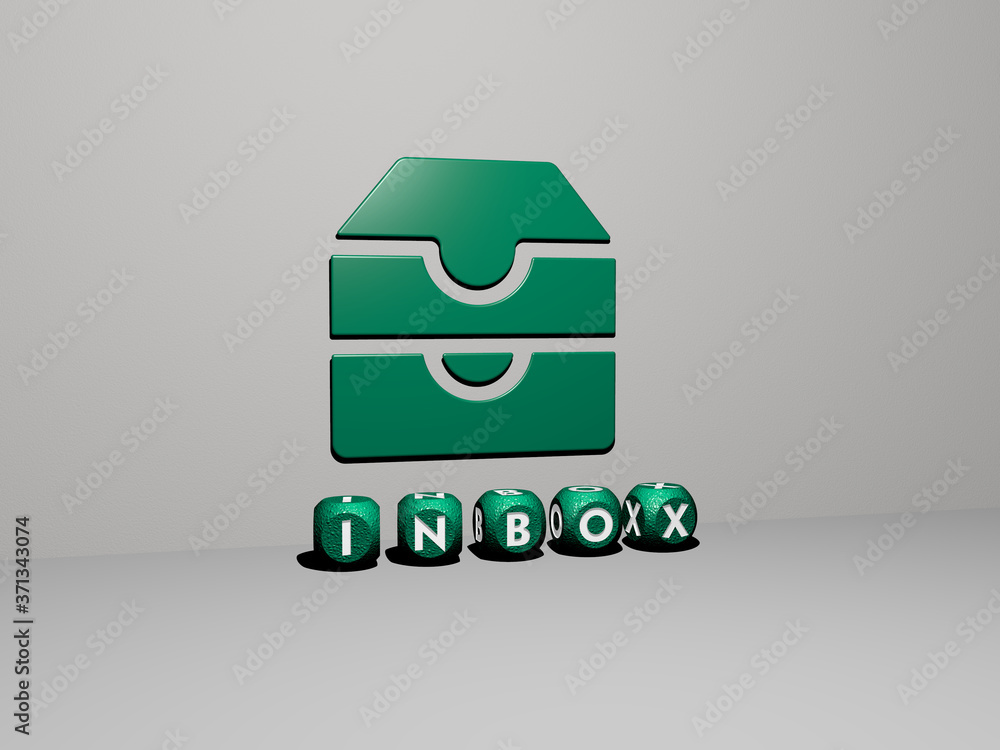 Aufkleber inbox 3d icon on the wall and text of cubic alphabets on the floor - 3d illustration for email and m