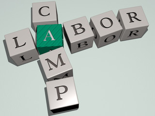 labor camp crossword by cubic dice letters - 3D illustration for background and construction