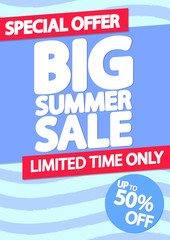 Big Summer Sale up to 50% off, poster design template, season best offer, vector illustration