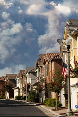 Californian seasonal fire with high smoke cloud in suburban neighborhood