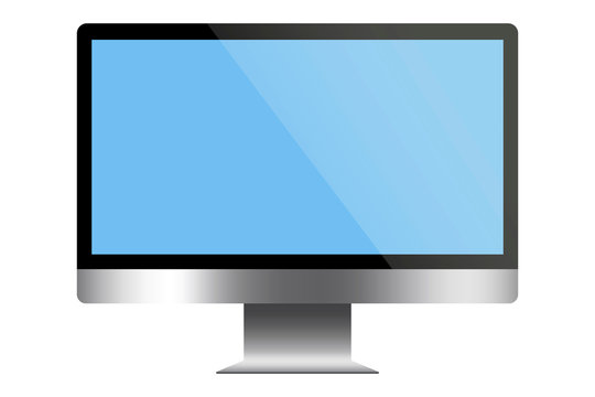 Computer monitor screen. Flat insulated monitor. LCD display with blue desktop. Realistic large display. Vector image. Stock photo.