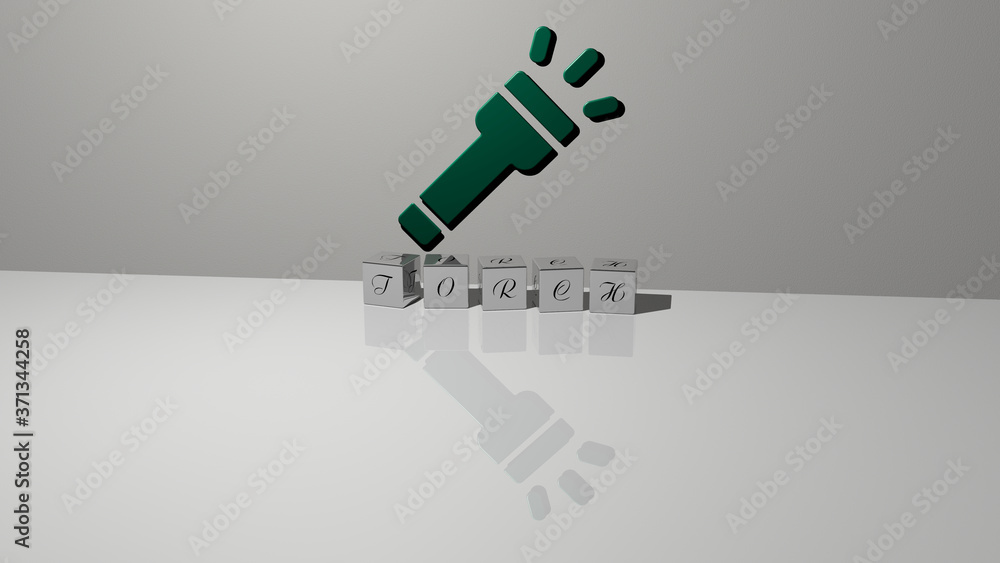 Poster torch text of cubic dice letters on the floor and 3d icon on the wall - 3d illustration for fire and