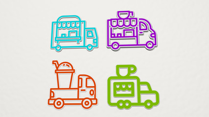 COFFEE TRUCK colorful set of icons - 3D illustration