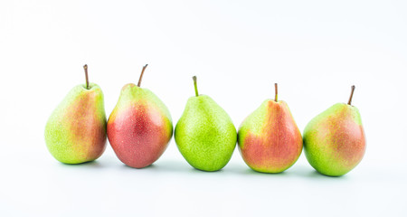 Fresh red crispy pears on white background