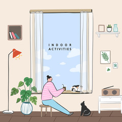 Concept of hobby ideas that can do at home.stay at home concept series. enjoy coffee or tea in a window house.
