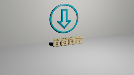 down 3D icon on the wall and cubic letters on the floor - 3D illustration for background and beautiful