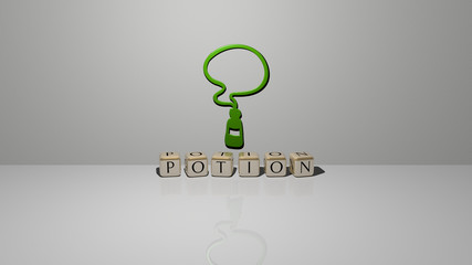 POTION text of cubic dice letters on the floor and 3D icon on the wall - 3D illustration for magic and bottle