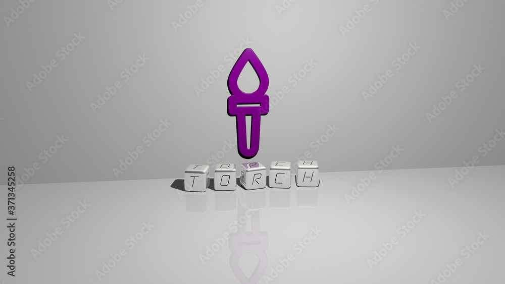 Poster torch text of cubic dice letters on the floor and 3d icon on the wall - 3d illustration for fire and