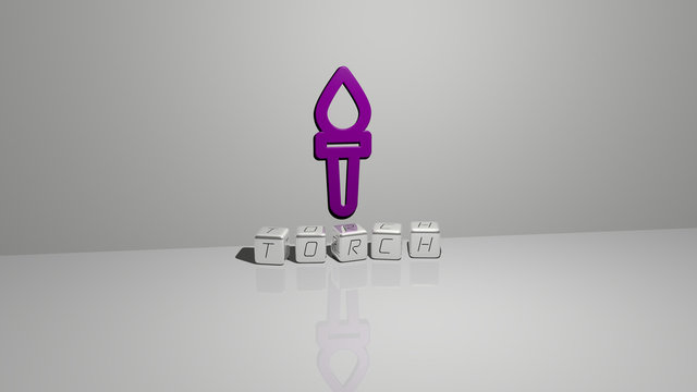 torch text of cubic dice letters on the floor and 3D icon on the wall - 3D illustration for fire and background