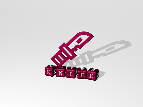 knife 3D icon on cubic text - 3D illustration for background and fork