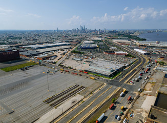 Overhead aerial view of the suburban area in the shopping plaza district with cars parking of Philadelphia PA USA