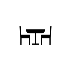 Table and chair icon in black flat glyph, filled style isolated on white background