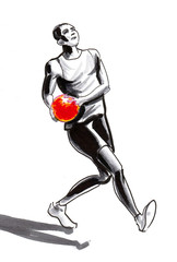 Basketball player. Ink and watercolor drawing