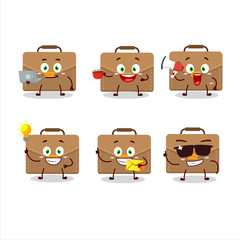 Brown suitcase cartoon character with various types of business emoticons