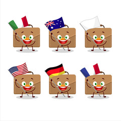 Brown suitcase cartoon character bring the flags of various countries