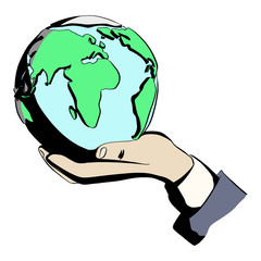 businessman holding earth on his hand vector illustration sketch doodle hand drawn with black lines isolated on white background