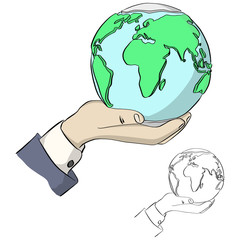 close-up businessman hand holding the earth vector illustration sketch doodle hand drawn with black lines isolated on white background