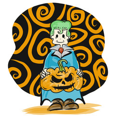  jack o lantern and kid dress vampire suit for halloween content.