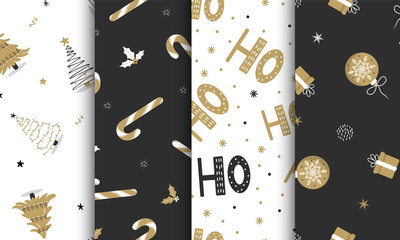 Set of seamless pattern with christmas elements on dark and white background. Perfect for holiday invitations, winter greeting cards, wallpaper and gift paper. Vector illustration in flat style.