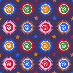 seamless pattern with  colorful  spiral curls with colorful stars