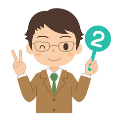 数字の2の札を持った男の子　高校生　中学生　イラスト