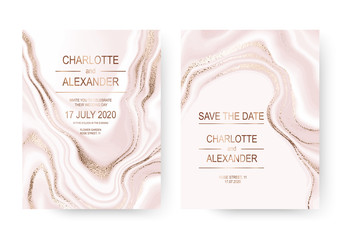 Liquid marble wave splash invitation design cards with gold texture.