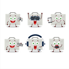 Silver suitcase cartoon character are playing games with various cute emoticons