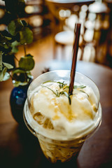 Layout in a loft style in dark colors open space interior view of various coffee Welcome open coffee shop background.