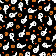 Obraz premium Seamless pattern with pumpkins and ghost. Halloween. Vector illustration.