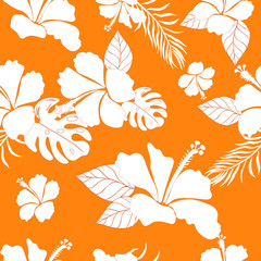 Hibiscus Flower Hawaiian Floral Pattern On Orange Background. Tropical Flower Seamless repeat patterns