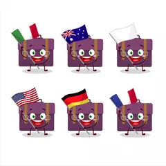 Fotobehang Purple suitcase cartoon character bring the flags of various countries © kongvector