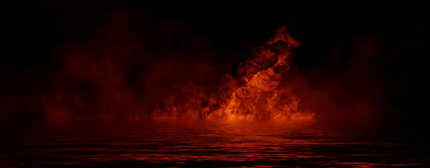 Panoramic view fire on isolated background. Perfect explosion effect for decoration and covering on black background. Concept burn flame and light texture overlays. Reflection on water.