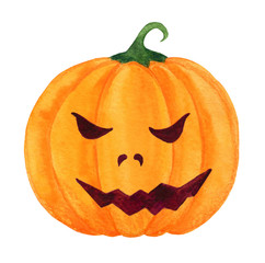 Orange, angry, cartoonish pumpkins with a face for Halloween. Drawn with watercolor on a white background. For festive decor