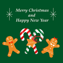 Fototapeta premium Christmas illustration with cookies and sweet cane. Gingerbread men. Vector drawing on a green background. For decoration, postcards, shops, gifts. 