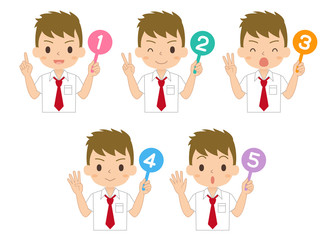 数字の札を持った男の子　セット　高校生　中学生　イラスト