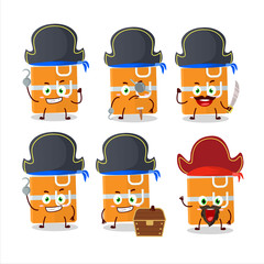 Cartoon character of orange lunch box with various pirates emoticons