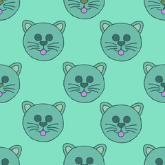 Cats seamless vector pattern with hearts. Cute hand drawn kitten faces. 