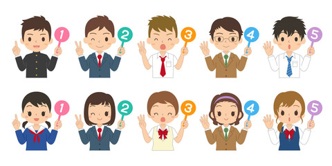 数字の札を持った女の子と男の子　セット　高校生　中学生　イラスト