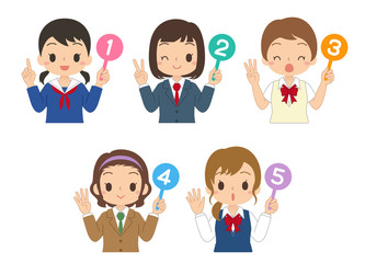 数字の札を持った女の子　セット　高校生　中学生　イラスト