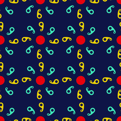 Seamless floral grunge pattern. Repeated flowers and round spots. Drawn by brush. Sketch, ink, graffiti. Vector illustration. Black, red, yellow and dark blue color.