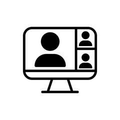 Video conference icon. Person on computer screen. Home office. Digital communication. Internet teaching media.
