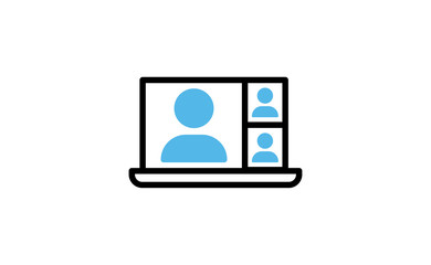 Video conference icon. People on computer screen. Home office in quarantine times. Internet virtual teaching media. Digital communication