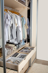 Wardrobe with perfect order clothes shades. Storage clothes.