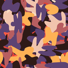 Multicolor seamless pattern with abstract ornament. Scribble silhouettes in military style.