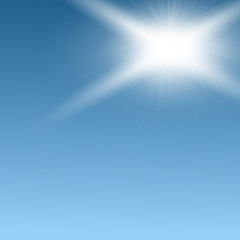 Realistic blue sky with white sun light rays - sunny weather background