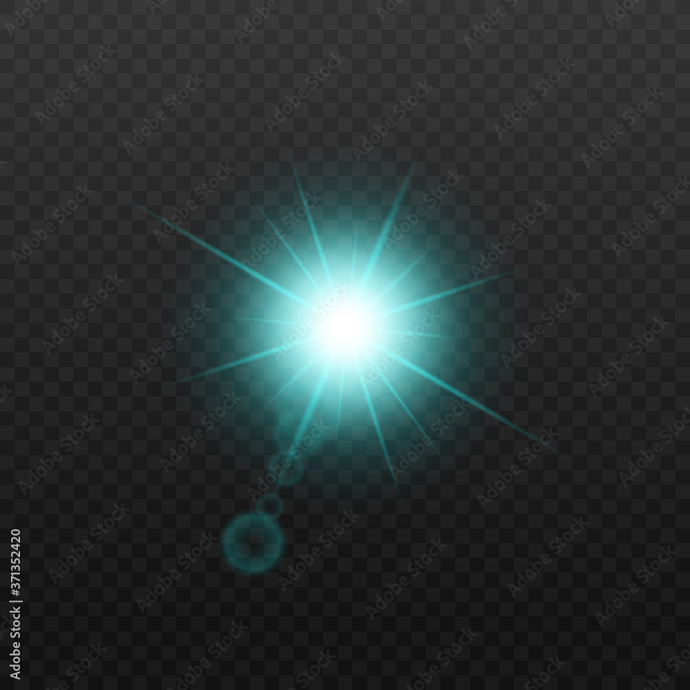 Wall mural isolated green star flash with lens flare isolated on dark background