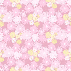 Little chrysanthemum figures seamless random pattern. Pastel lilac background with light, yellow and pink elements.